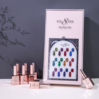 Cre8tion The Moon's Other Side cat eye chart in a pale box on charcoal, rose gold bottles in front.