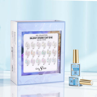 Cre8tion Silent Stare cat eye kit in a pale blue box with 18 muted swatch tips and a gel bottle.
