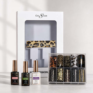 Cre8tion cheetah transfer foil kit box with three gel bottles and a case of animal print foil rolls.