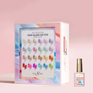Cre8tion Vivid Glaze cat eye kit, 24 bright swatch tips on a pink set with one gel bottle beside the box.