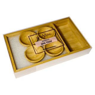Cre8tion bamboo spa tray holding four round bowls.