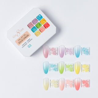 Cre8tion Solid Cream art gel palette 03, nine bright colors with pastel pink, blue and yellow swatch nails.