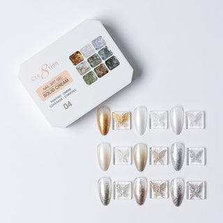 Cre8tion Solid Cream art gel palette 04, nine colors with silver, chrome and white textured swatch nails.