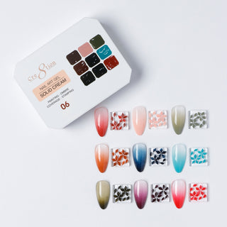 Cre8tion Solid Cream art gel palette 06, nine colors with speckled swatch nails in pink, nude and sage.