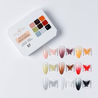 Cre8tion Solid Cream art gel palette 07, nine colors with butterfly and bow art on the swatch nails.