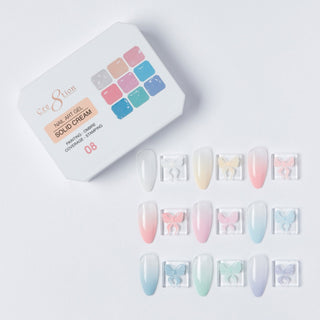 Cre8tion Solid Cream art gel palette 08, nine pastel colors with soft blue, pink and cream swatch nails.