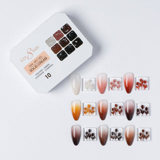 Cre8tion Solid Cream art gel palette 10, nine brown and black colors with floral art swatch nails.