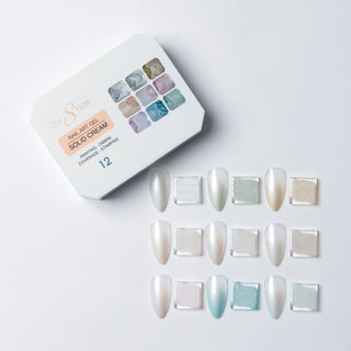 Cre8tion Solid Cream art gel palette 12 Pearl, nine colors with pearly white, gray and green swatches.