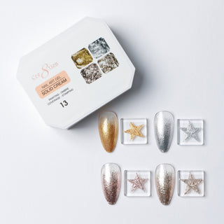 Cre8tion Solid Cream art gel palette 13, gold and silver glitter colors with star art swatch nails.