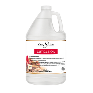 Cre8tion Cuticle Oil gallon jug of pale Apple Spice oil, red label band with apple and cinnamon art.