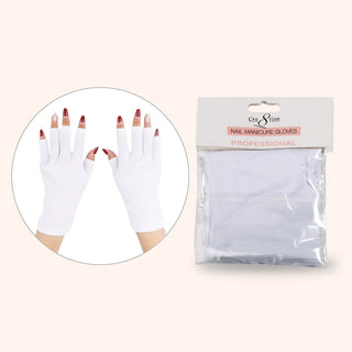 Cre8tion white fingerless manicure gloves worn on two hands, shown beside the sealed pack.