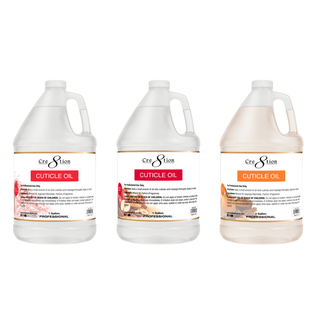 Three Cre8tion Cuticle Oil gallon jugs in a row, holiday scent oils in clear to warm amber, red labels.