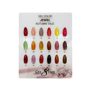 Cre8tion Jewel Autumn Tale counter display with 18 numbered almond swatch tips in reds, golds and plums.