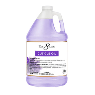 Cre8tion Cuticle Oil gallon jug filled with lavender purple oil, purple label band and lavender sprig art.