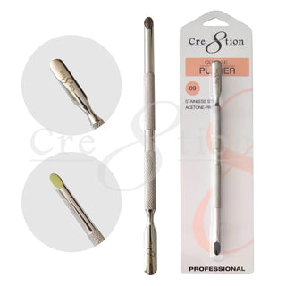 Cre8tion P09 stainless steel cuticle pusher in its hanging pack, with close ups of both ends.