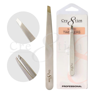 Cre8tion slanted stainless tweezers in a hanging pack, with close ups of the angled tip.