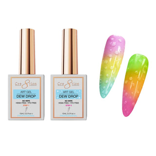 Two gold capped Cre8tion Dew Drop art gel bottles beside rainbow swatch nails with a water droplet finish.