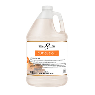 Cre8tion Cuticle Oil gallon jug of creamy beige Pumpkin Latte oil with an orange label band.
