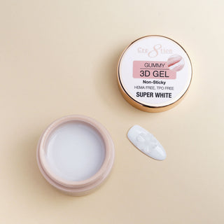 Open jar of Cre8tion Gummy 3D gel in Super White with a shaped bead of gel beside it.