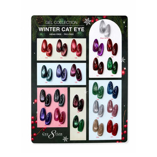 Cre8tion Winter Cat Eye counter display with 23 swatch nails in reds, purples, greens and silver.
