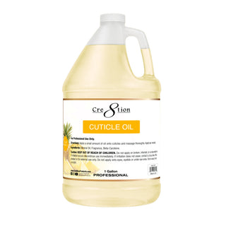 Cre8tion Cuticle Oil gallon jug of pale yellow pineapple oil with an orange label band and pineapple art.